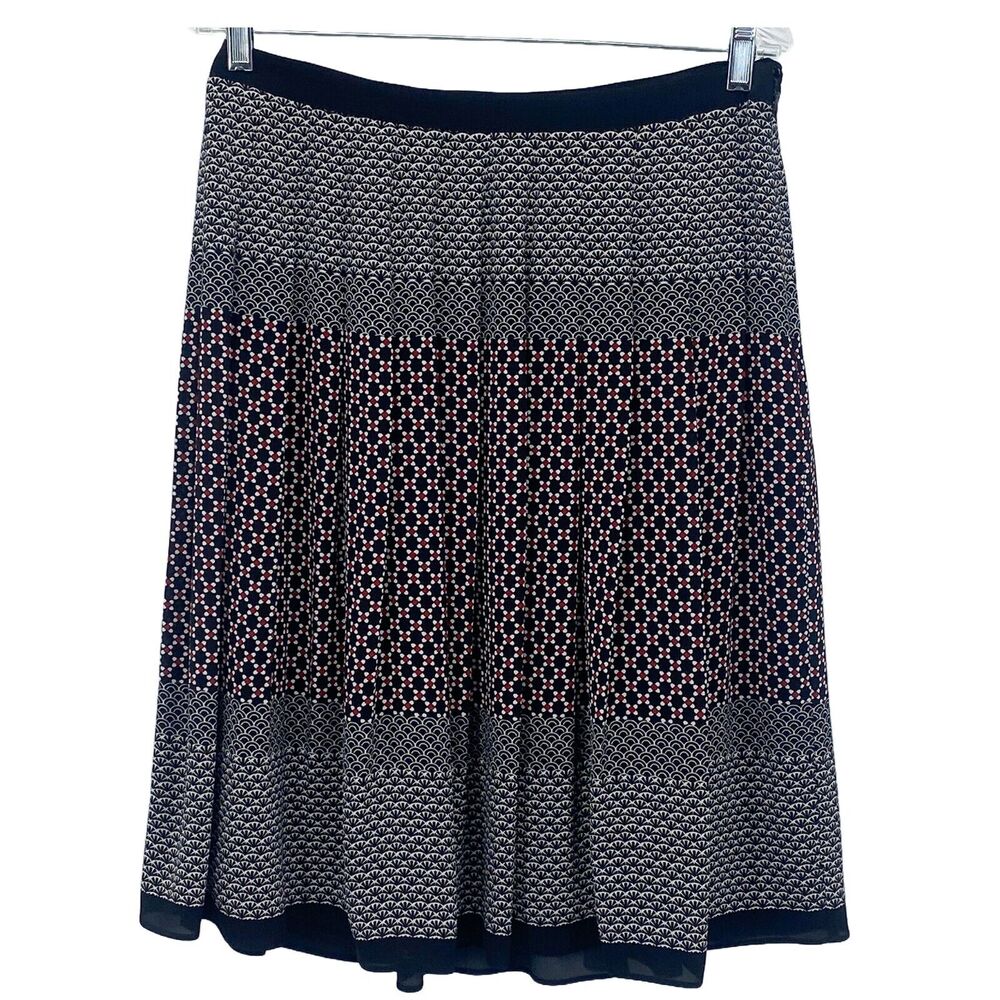 Talbots Pleated Midi Skirt Size 6 Black Red Geometric Print